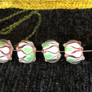Lampwork Glass Beads / Round Burgundy/Lime green/Clear dots 3D Set-8, .5" wide
